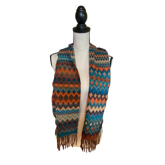 Fras Feel Cashmink Womens Rectangle Scarf Zigzag Fringe Blue Orange Brown Warm - Picture 2 of 7